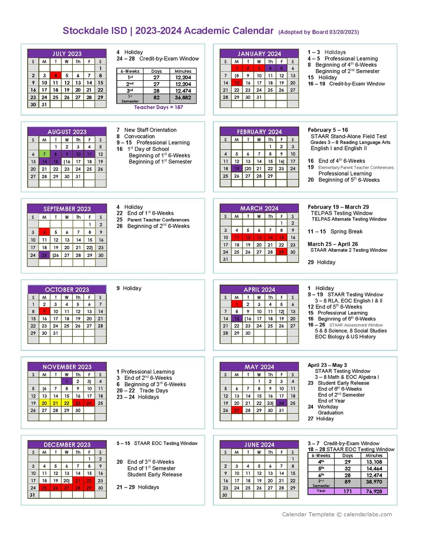 Stockdale ISD Academic Calendar